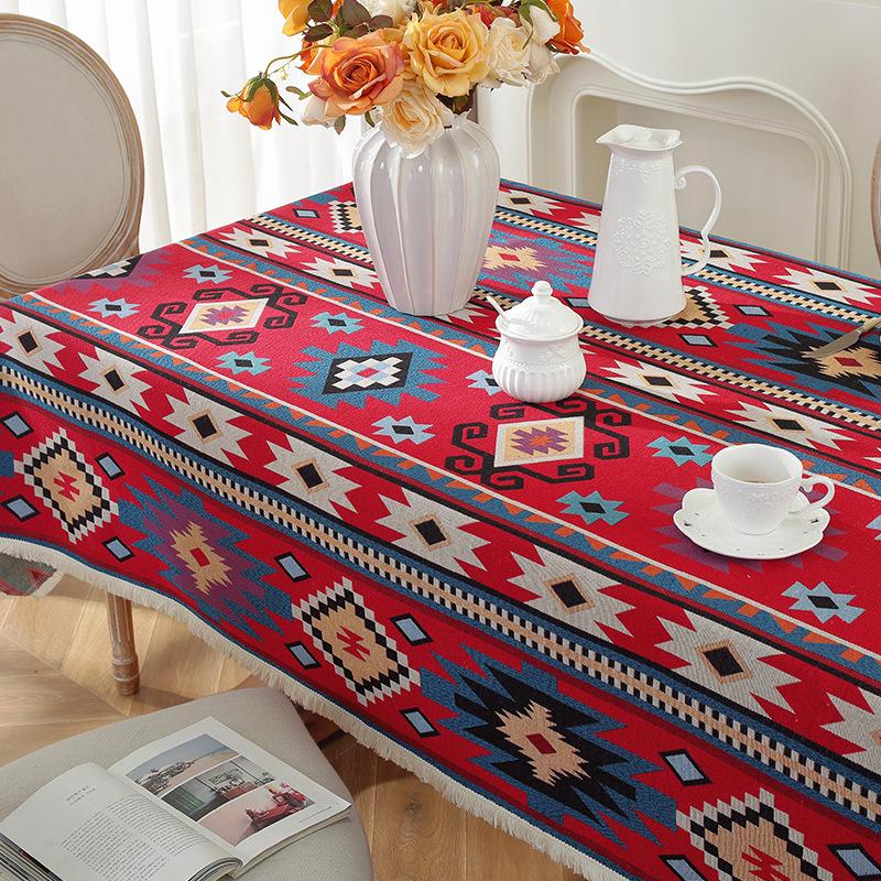 Bohemian Fringed Tablecloth American Retro Jacquard Cotton Linen Heavy Duty Dining Table Cover