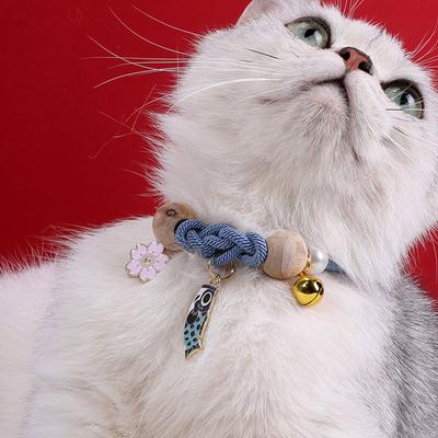 Adjustable Cat Collar With Bell and Camphor Wood Beads Pet Necklace Collar For Kittens Indoor Outdoor Activity Wear