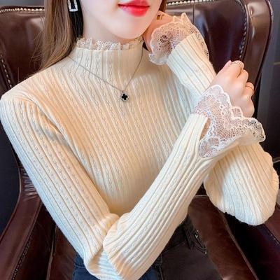 Autumn and Winter Slim Fit Half High Collar Patchwork Lace Long Sleeved Base Knit Sweater Top for Women