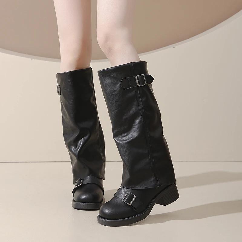 Fashion Round Toe Buckle Solid Modern Boots Autumn Knee-high Ladies Shoes 2025 Hot Sale Slip-on Mid Heel Sqaure Heel Women's Boots