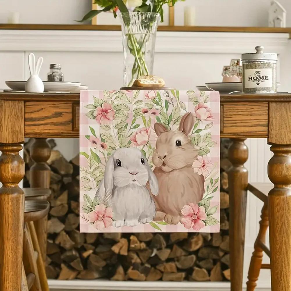Rabbit Flower Pattern Tablecloth Easter Rabbit Rectangle Table Cloth Easter Rabbits Printed Holiday Table Cloth for Dining Table