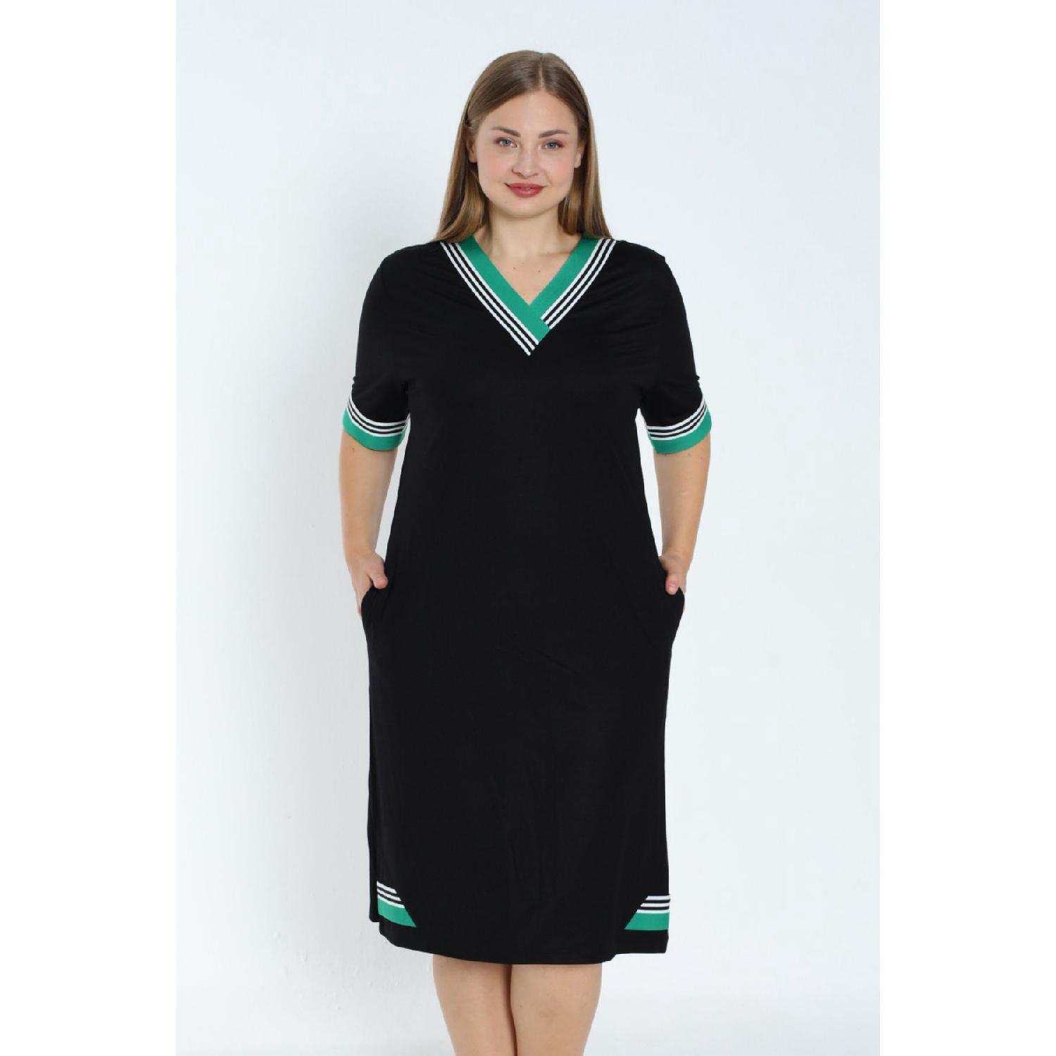 

Woman Black Green Detail Big Size Short Sleeve Two Yarn Dresses 2XL чорний