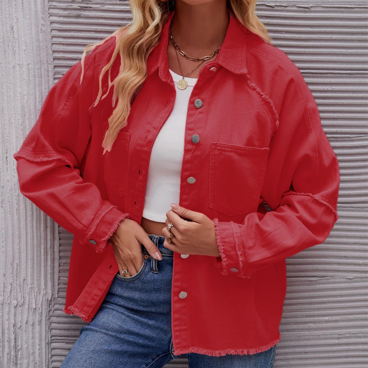 

Женские модные джинсовые повседневные осенне-зимние однотонные рубашки-поло с длинным рукавом и принтом, блузки и рубашки, верхняя куртка M красный