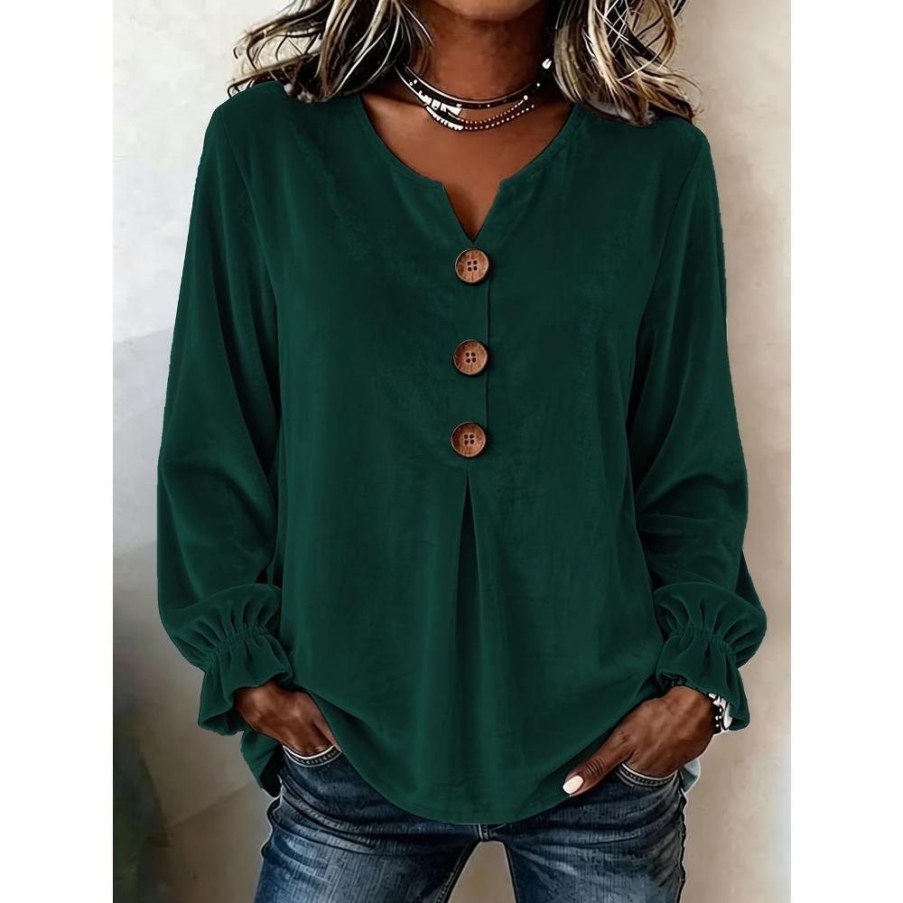 Fashion Velvet Long Sleeve Shirt, V Neck Button Down Blouse for Women