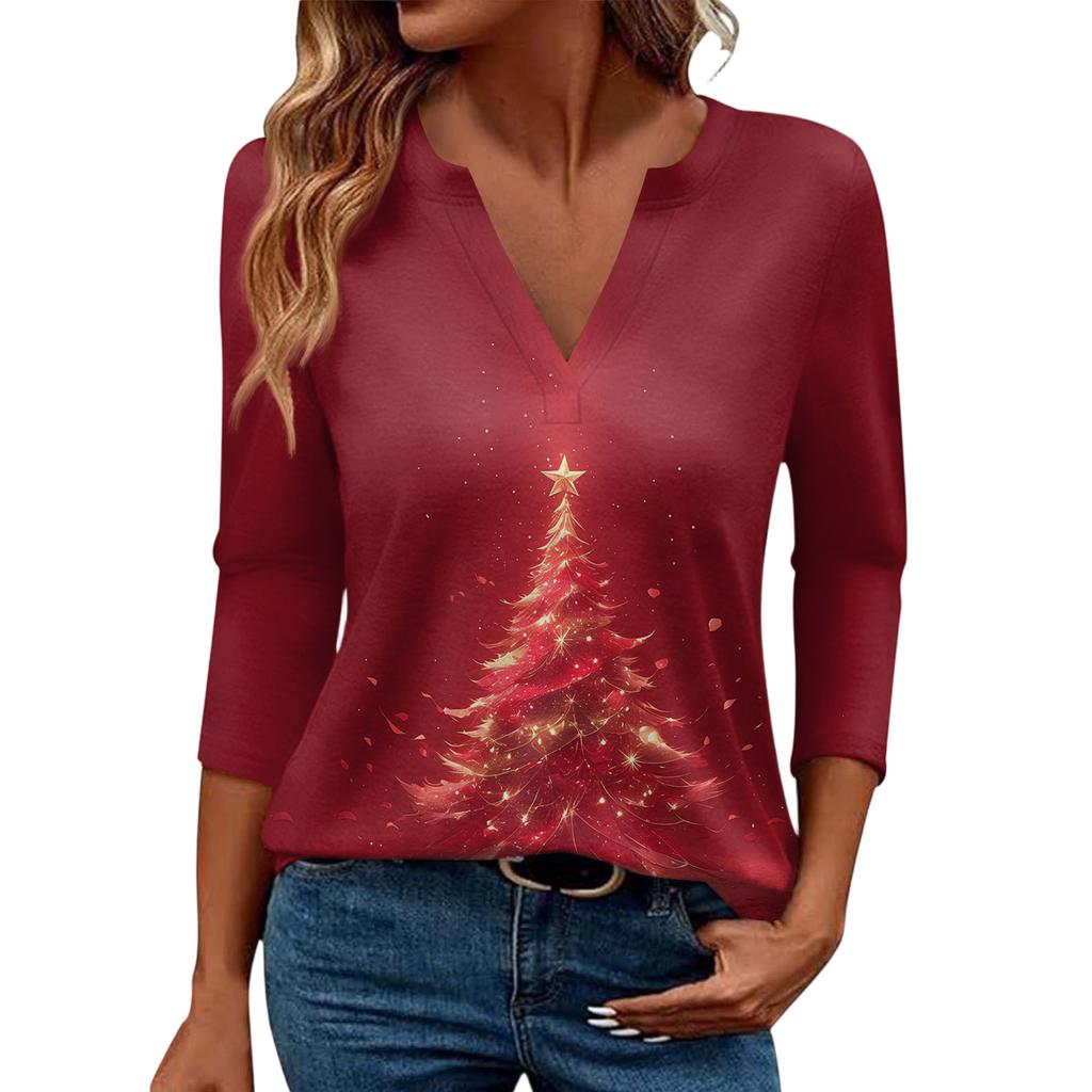 Women's Casual Fashionable Sexy Comfortable V-Neck Christmas Three-Quarter Sleeve Top