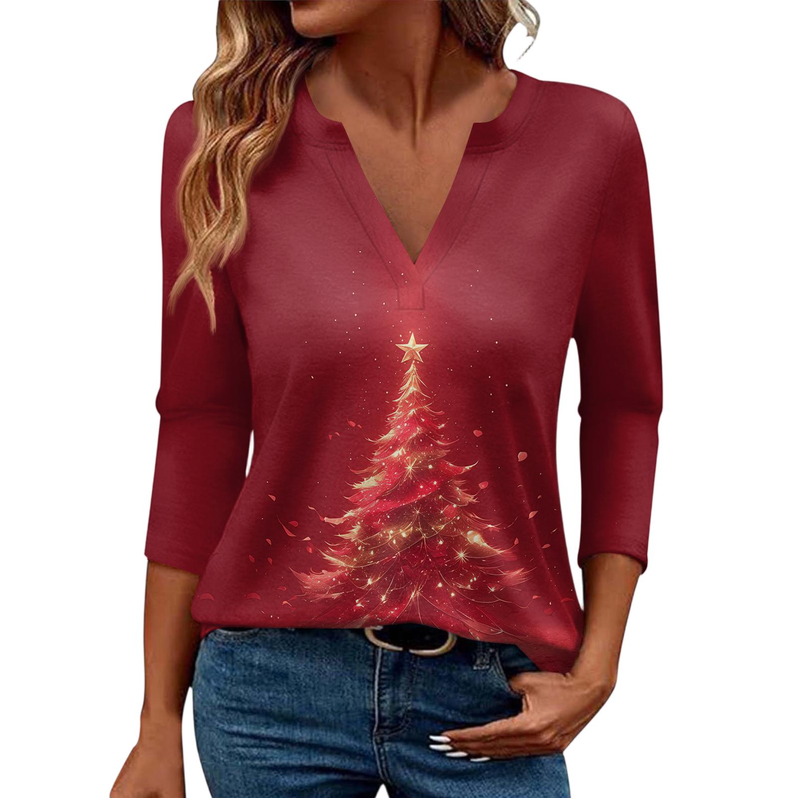 

Women s Casual Fashionable Sexy Comfortable V-Neck Christmas Three-Quarter Sleeve Top XL кавун червоний колір