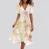 Women's Fashion Casual V Neck Short Sleeve Ruffled Vintage Printed Dresses