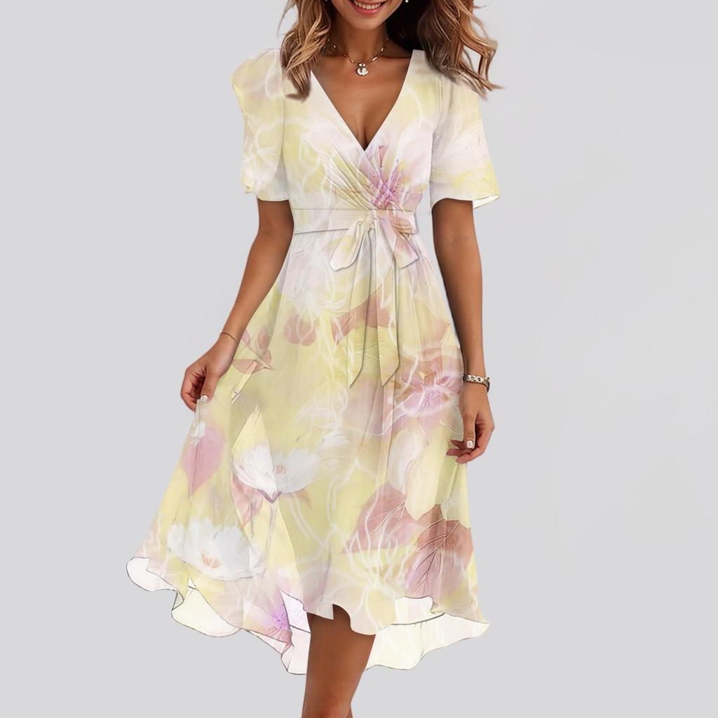 Women's Fashion Casual V Neck Short Sleeve Ruffled Vintage Printed Dresses