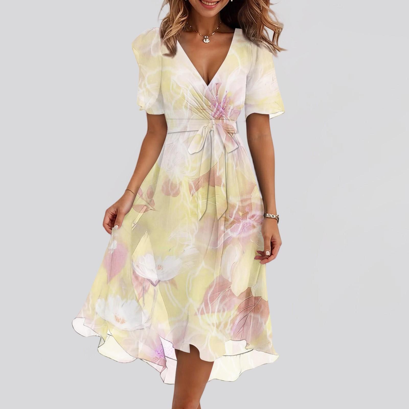 

Женские модные повседневные платья с V-образным вырезом, короткими рукавами и оборками, винтажным принтом XXL бежевый