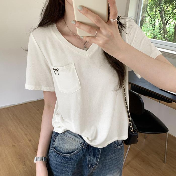 

Cotton Modal g Loose V-Neck Clavicle Short Sleeve T-Shirt Women s Sweet Age Reduction Top S белый