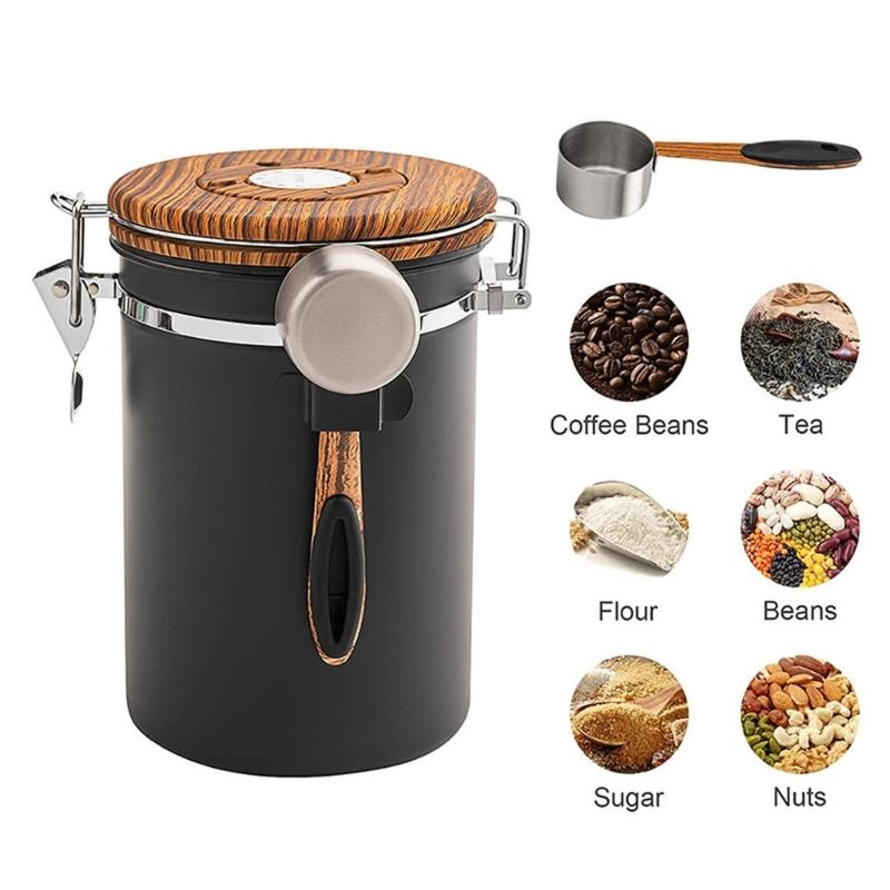 Stainless Steel Kitchen Coffee Canister Food Storage Jar with Date-Tracker and-Scoop for Grounds Coffee Sealing Can
