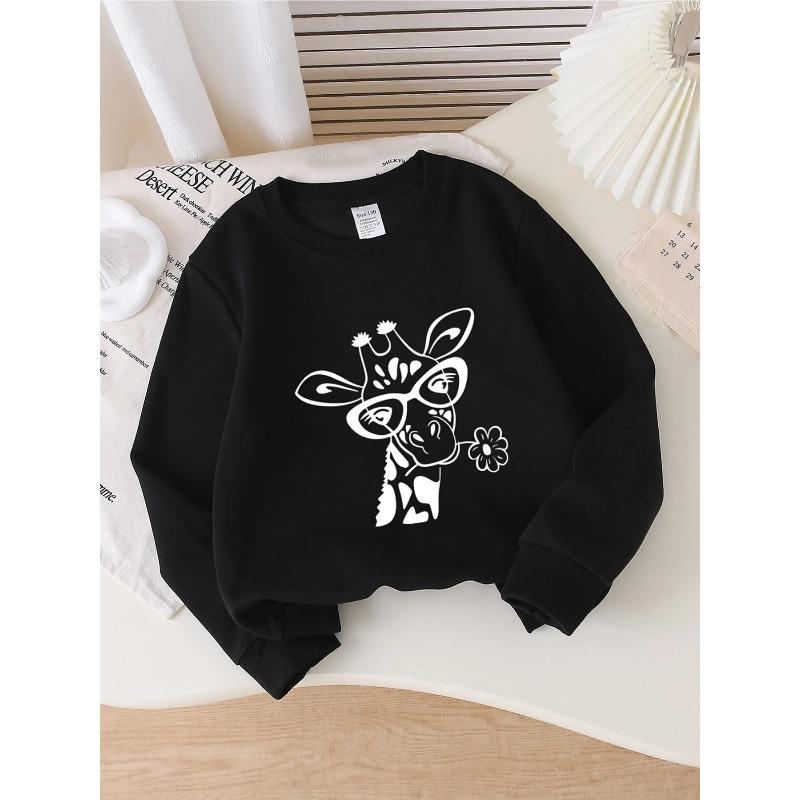 Girls' Crewneck Sweatshirt - Giraffe Wearing Glasses Holding Flower Machine Washable, Spring And Autumn, Sportswear And Casual Wear