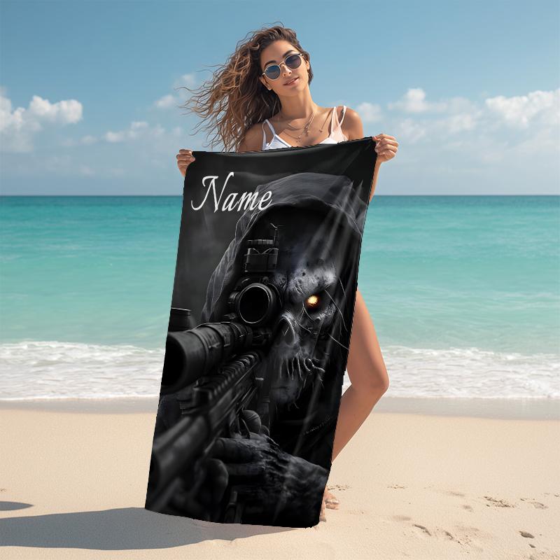 Personalized Sniper Skull Artwork Beach Towel Microfiber Beach Towel Thin Absorbent for Beach Swimming Yoga Bath Sports. 091072