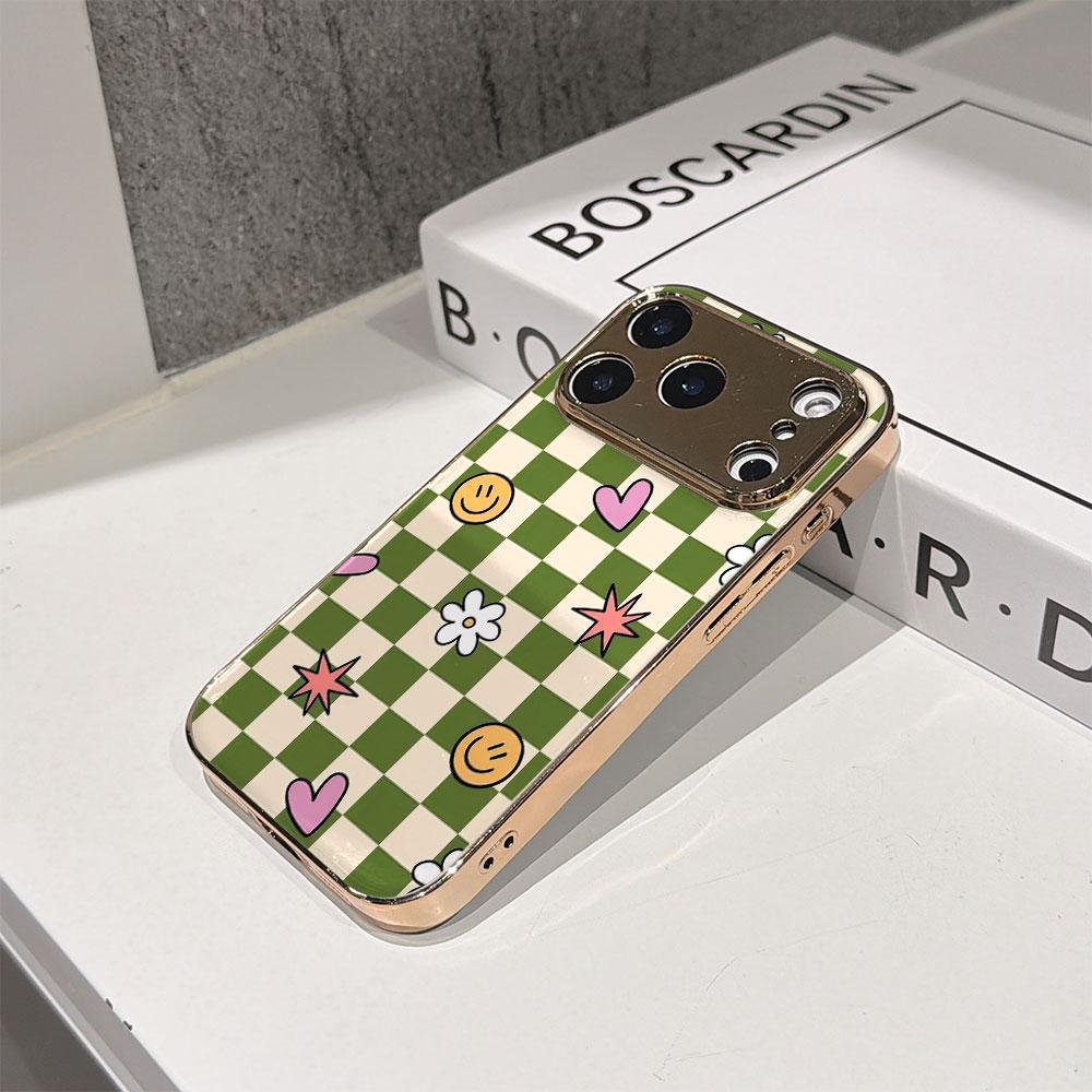 Lucky Start Phone Case For iPhone 17 16 15 14 13 12 11 Pro Max 16E Gold Electroplated Glass Shell  Checkerboard Cute Icons Cover