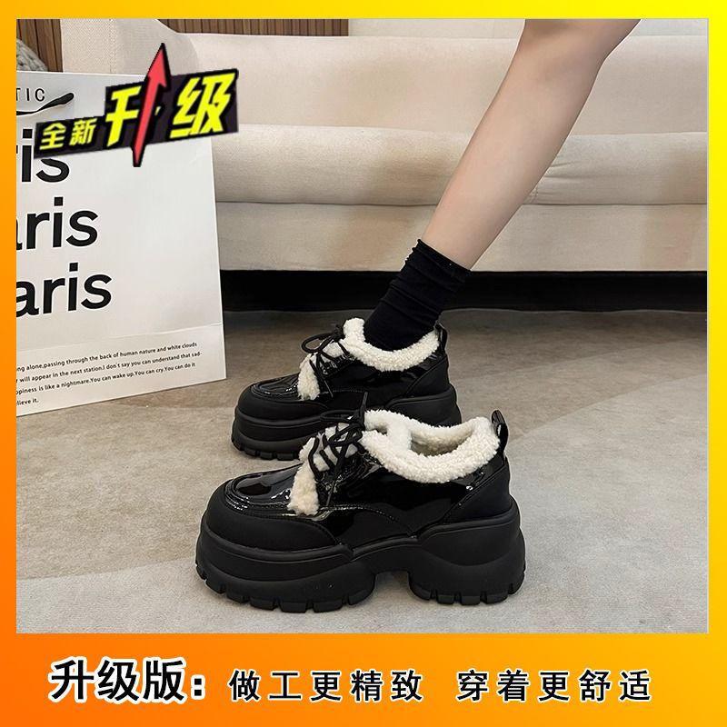 Fleece Single Shoes French Versatile Loafers British Style Non-slip Thick Sole Heightening Small Leather Shoes Women's 2025 Autumn and Winter New M