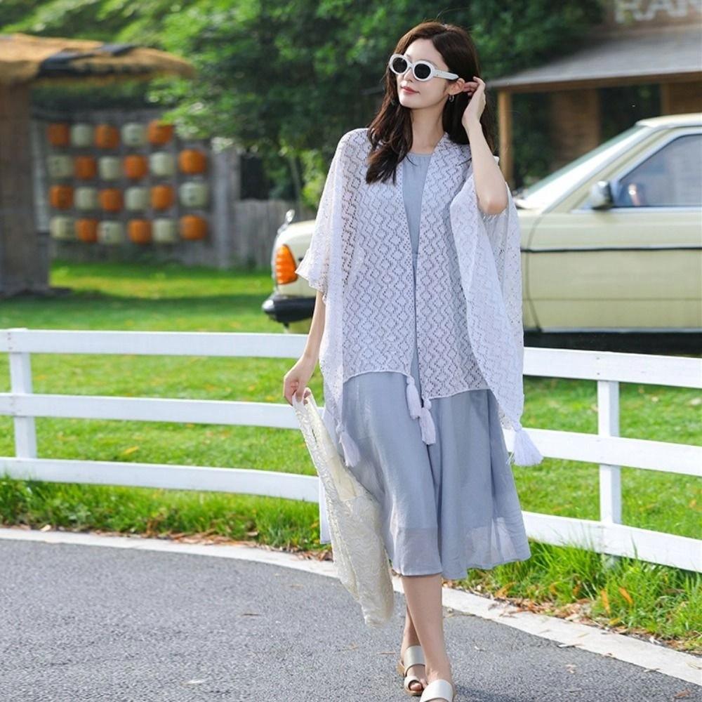 Colorful Ethnic Style Tassel Shawl Thin Beach Scarf Casual Sunscreen Crochet Cardigan  Beach