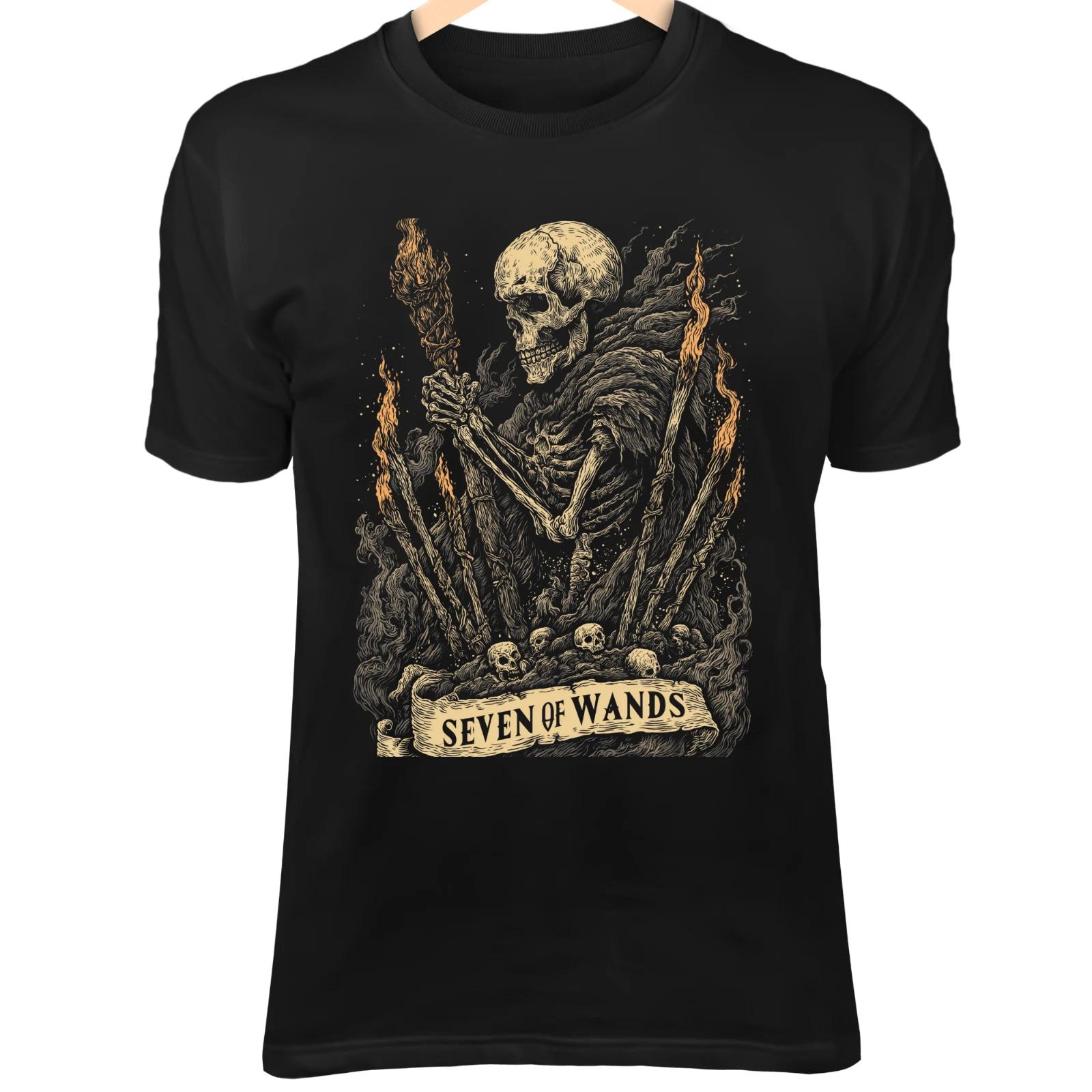 Футболка Skull Tarot СЕМЕРКА ЖЕЗЛОВ - Костяной Воин с Горящим Посохом на Готической Холме XL