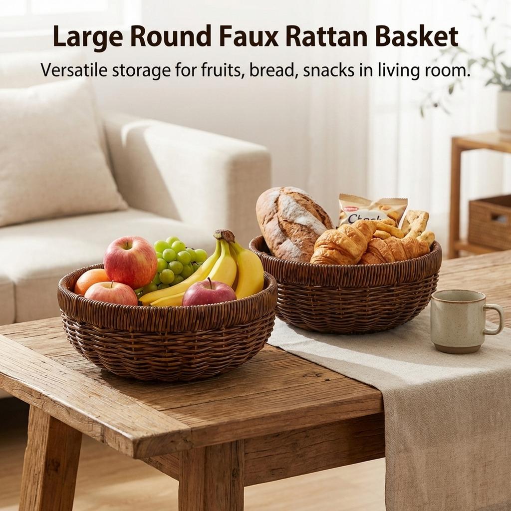 Round Rattan Style Storage Basket For Fruit Snack Bread In Living Room Kitchen