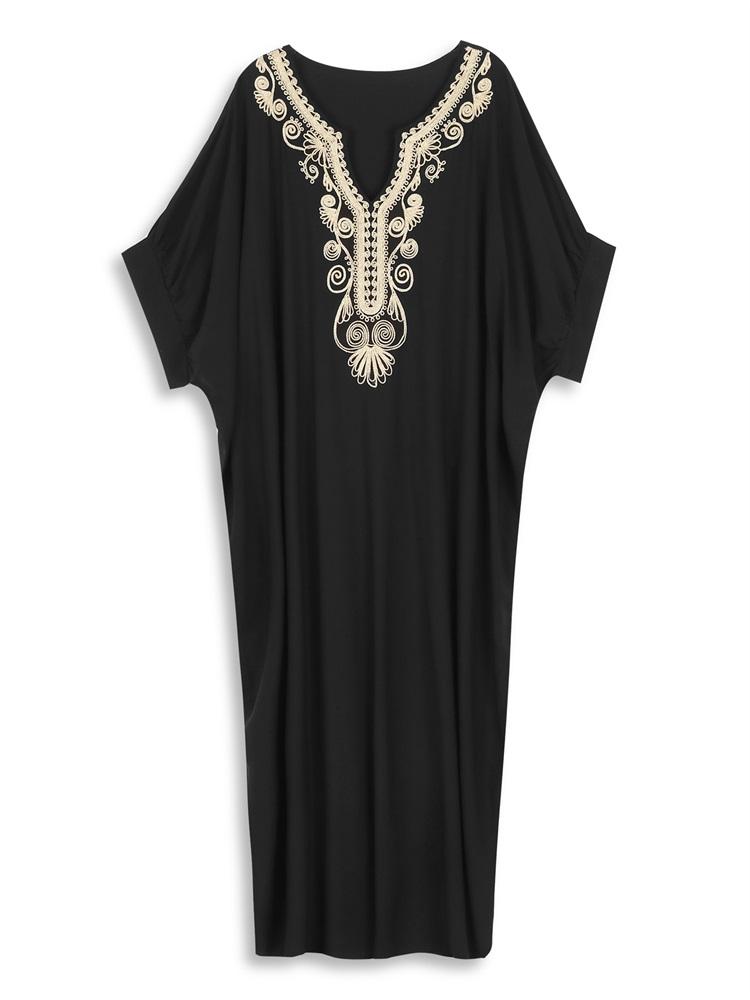 EDOLYNSA Solid Color Vintage Embroidered Bat Sleeve Kaftan Tunic Casual V-neck Side Split Beach Maxi Dress Summer Women Beachwear Swimsuit Cover Up