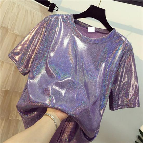 2020 Summer Shiny Silk Short-Sleeve BF T-Shirt Dress with Glitter