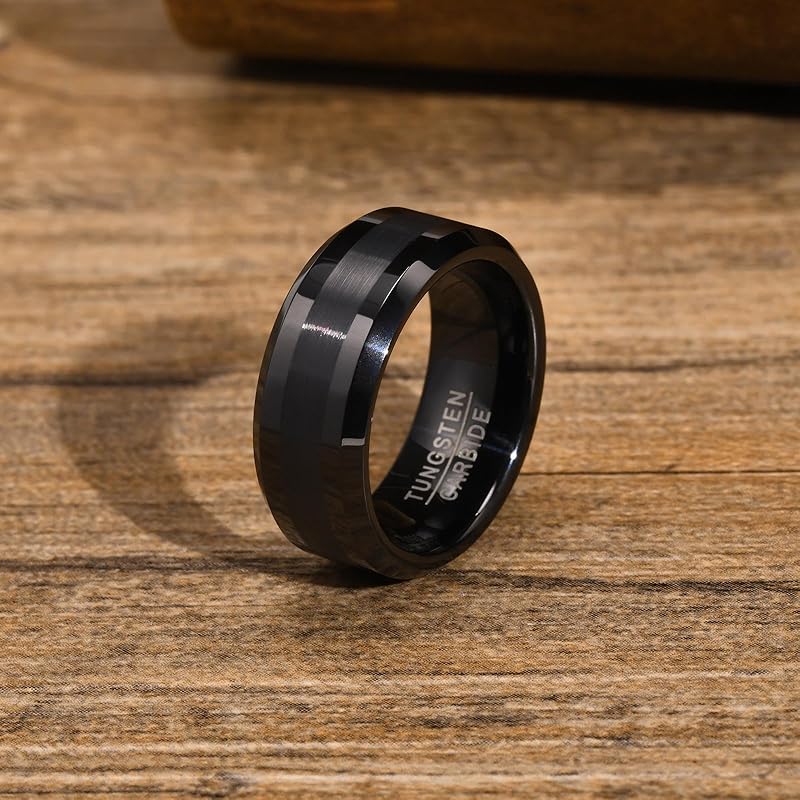 [Rockyu] ring men's tungsten ring simple black Metal allergy free 8mm width ring mud texture Carbide Durability matte accessories present