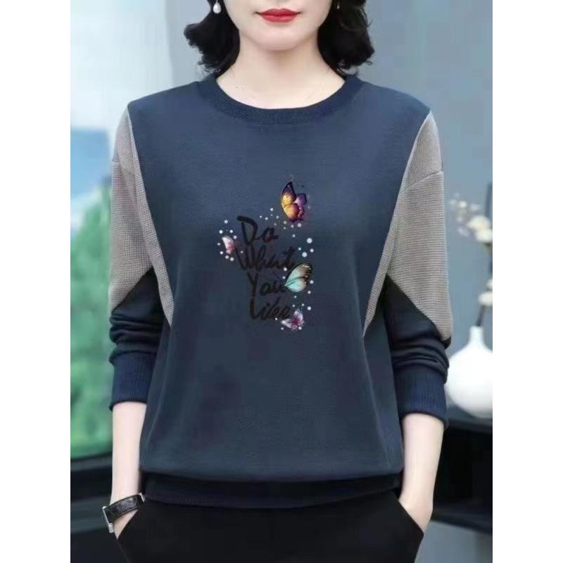 Autumn Winter Women's Cotton Patchwork Round Neck Plus Size Long Sleeve Printed Sweatshirt for Middle-Aged Moms