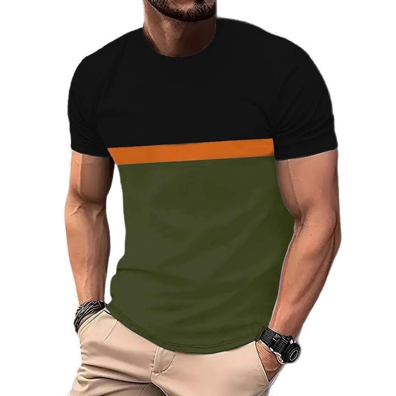 

Чоловіча футболка з короткими рукавами та триколірним дизайном зрощування та круглим вирізом у помаранчеву смужку L армія зелений колір