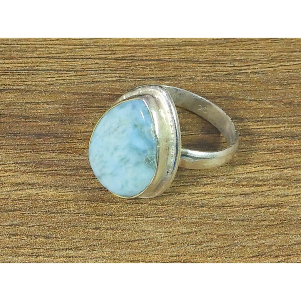 Natural Blue Larimar Solid 925 Sterling Silver Handmade Pear Ring Size US8.5 MK-05