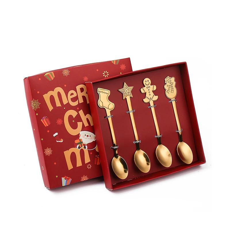 4PCS Stainless Steel Christmas Gift Spoon Fork Set Scoop Fruit Fork Coffee Spoon Cutlery Set Christmas Tree Decoration Dessert