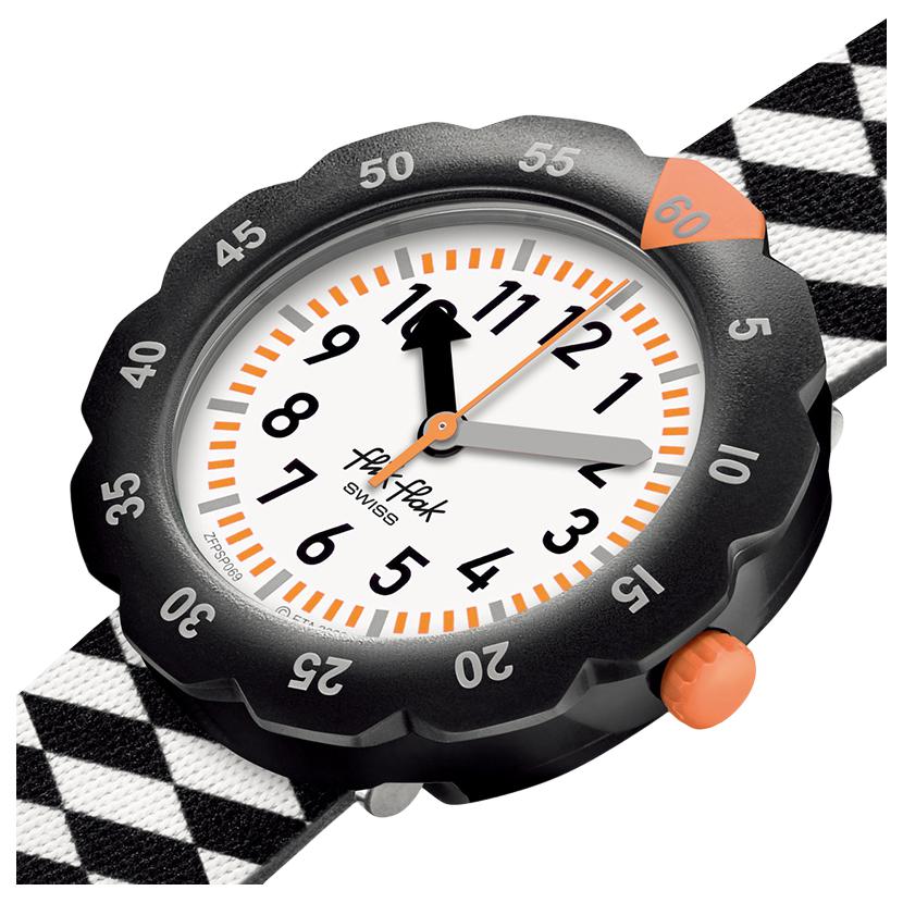 Swatch Flik Flak Feifei Serie Quarzwerk 30 Meter wasserdicht Kinder Schweizer Uhr 35mm weißes Zifferblatt Kunststoffgehäuse Stoffarmband ZFPSP069