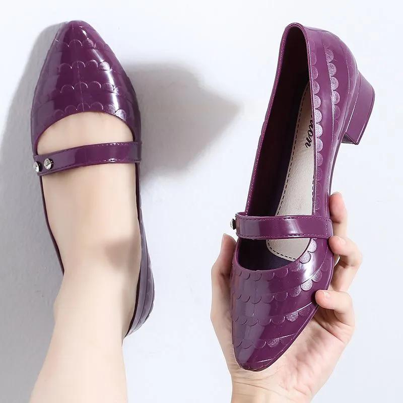 WTEMPO Women Large Size Solid Color Casual Single Shoes PVC Waterproof Non-slip Soft Low Thick Heel Work Shoes