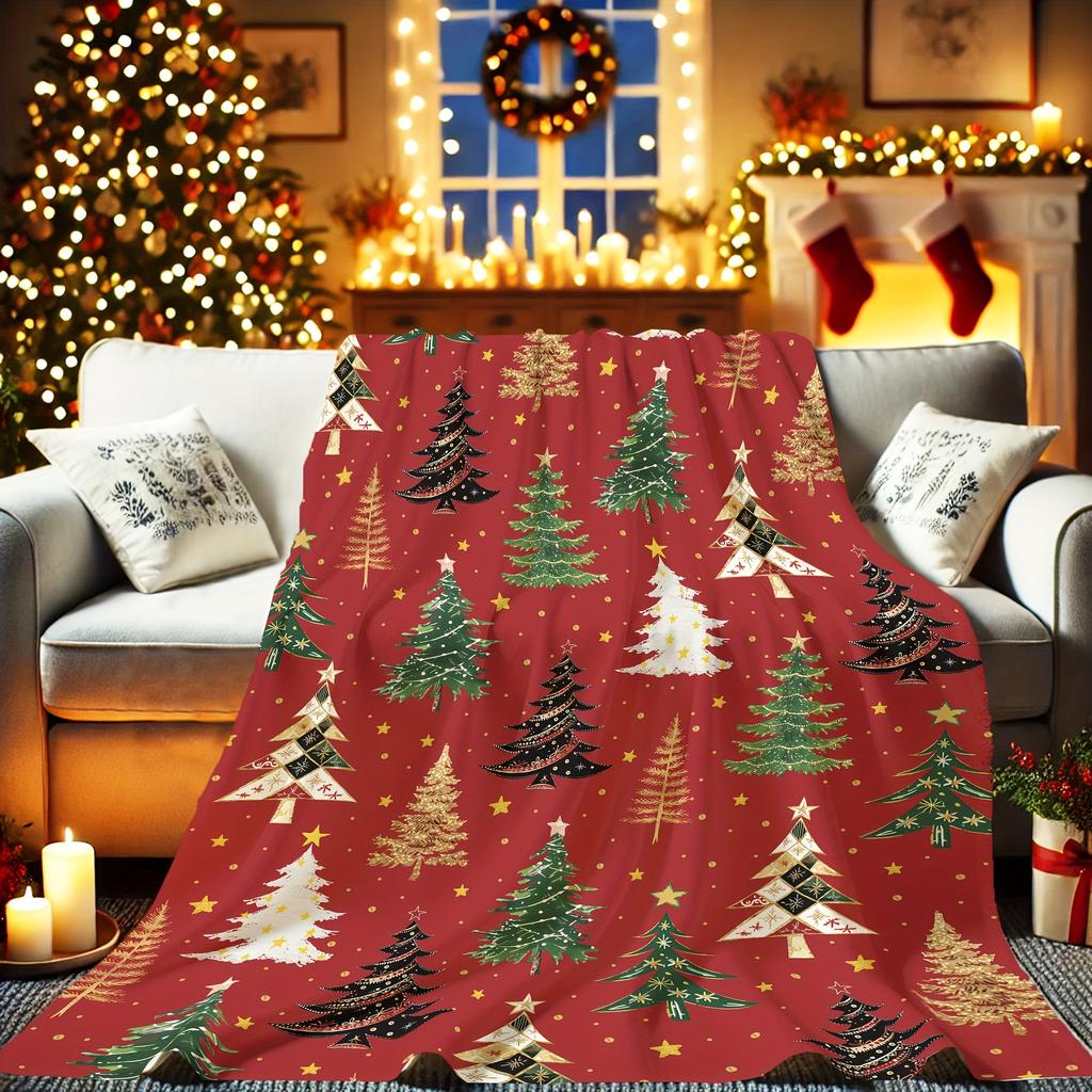 Soft, Warm Cozy Christmas Tree Flannel Throw Blanket - Red, Green, White, Black, Perfect Holiday Gift for Living Room & Bedroom,