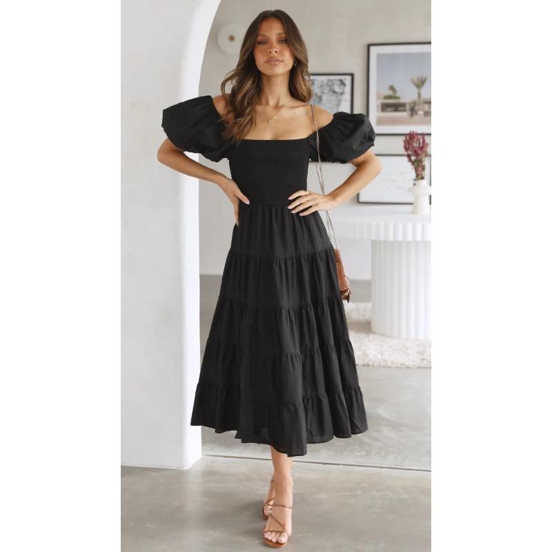 Summer New Bubble Sleeve Holiday Skinny Long Dress Spice Girl High Waist Shoulder Printed Dress Women