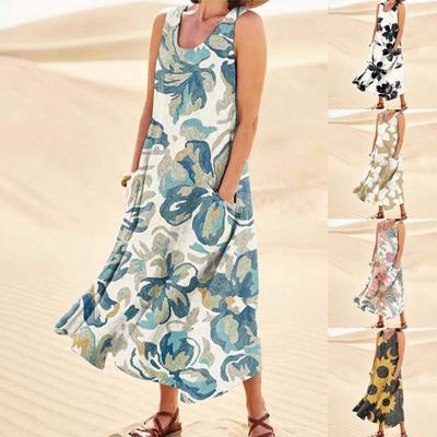 Zomerjurk voor dames Casual bedrukte comfortabele mouwloze katoenen jurk met zak