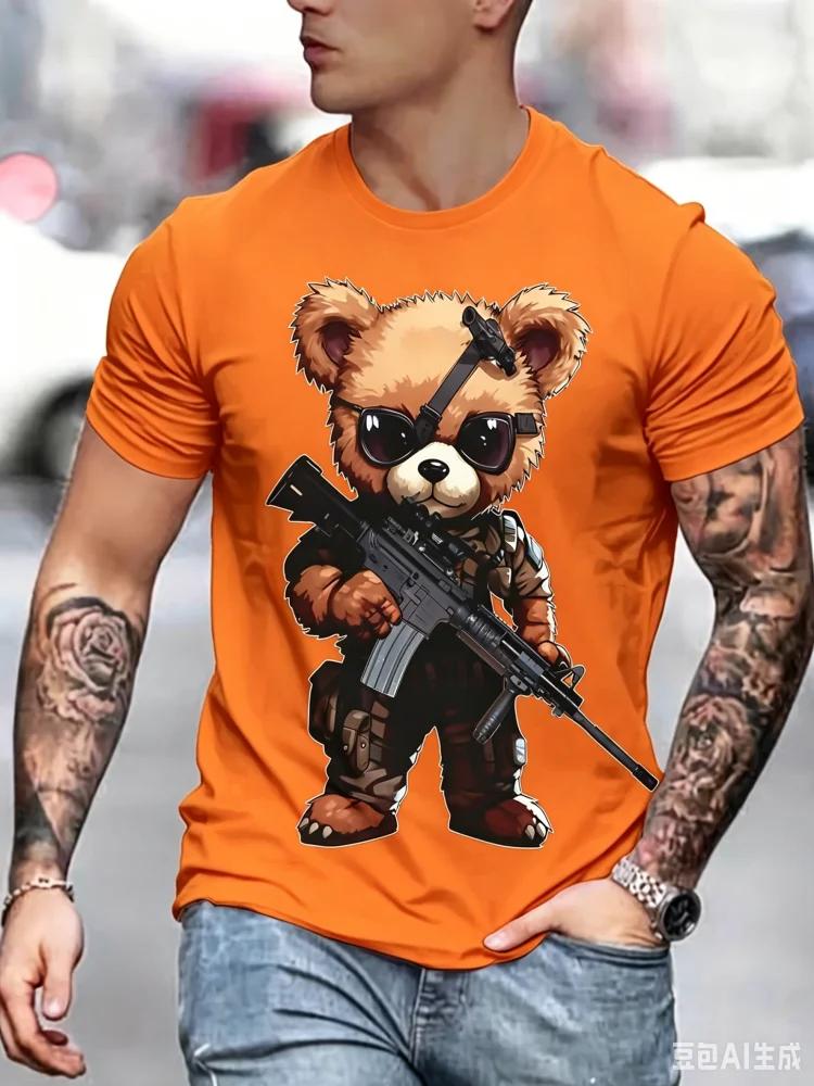 Fashion Unisexs Tactical Gun Bear Print T Shirt Cool Sunglasses Soldier Teddy Graphic Casual Streetwear Short Sleeve Tops