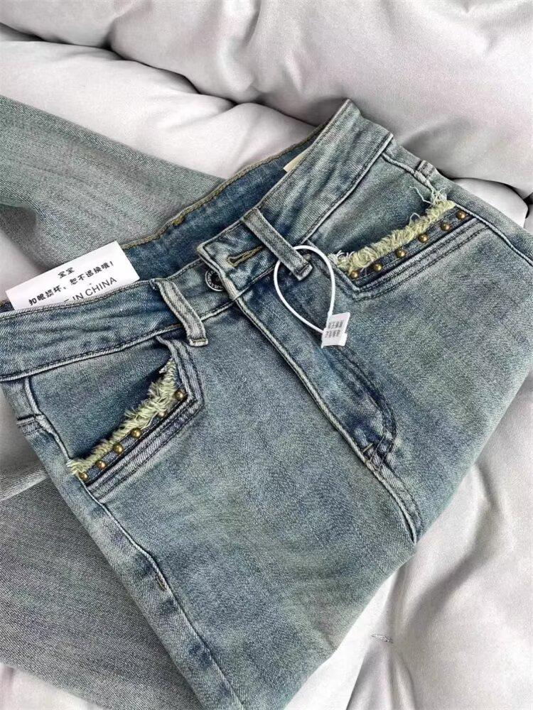Light Blue High-Waisted Micro-Flare Jeans - Women's Stretch Slim Fit Horseshoe Design for Spring