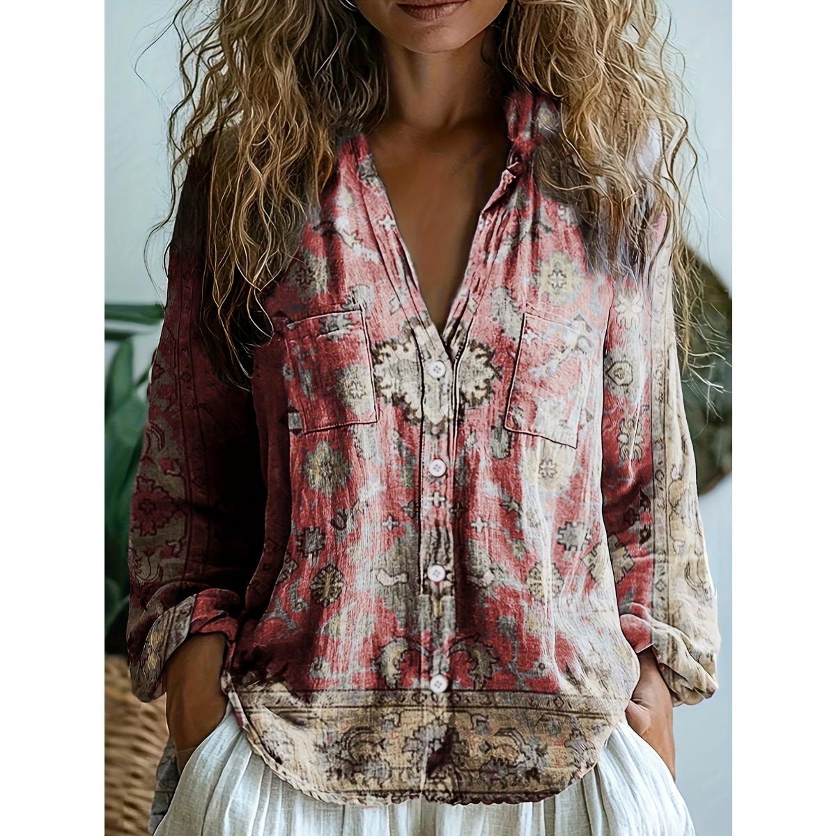 

Женская повседневная рубашка для работы в стиле вестерн с этническим геометрическим принтом, с длинным рукавом XXL