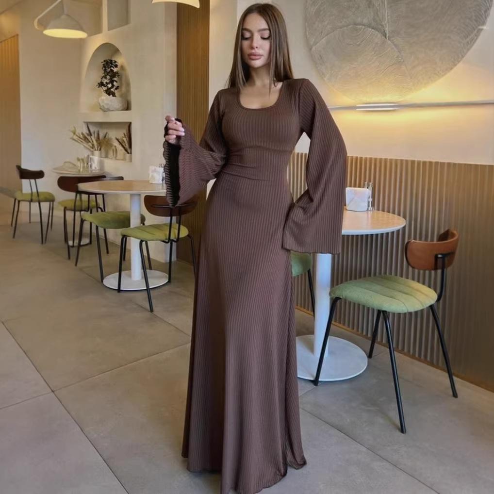 Women's Solid Color Stripe U-neck Long Sleeve Lace-up Dress
