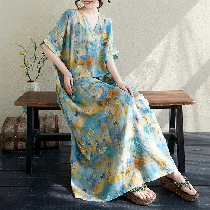 

Summer Loose Women s V-neck Cotton Linen Beach Dress one size