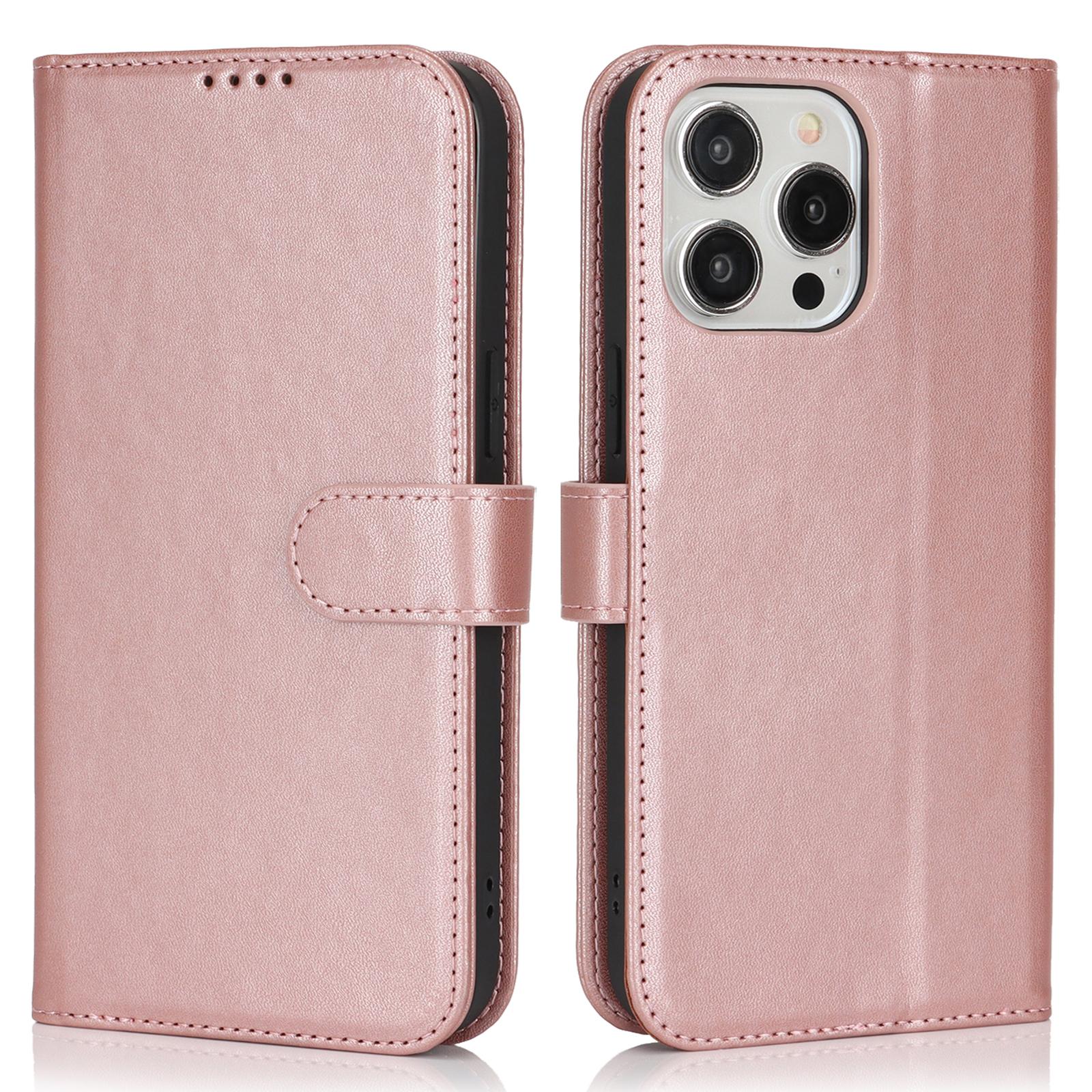 

For iPhone 13 Pro Max/12 Pro Max Stand Case Shockproof Leather Wallet Phone Cover Rose Gold