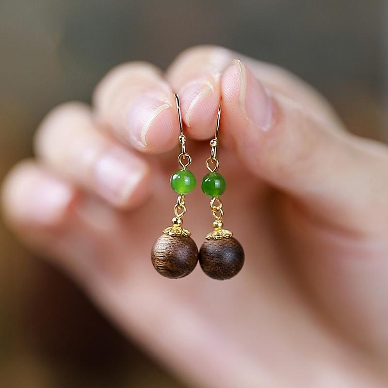 Agarwood Tassel Wooden Earrings with Hetian Jade Bi Hooks - New Chinese Style Long Dangle National Style Earrings