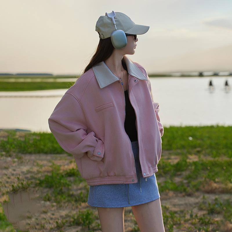 

Spring and Autumn new anti-suede contrasting coat removable collar light baseball uniform female student lazy coat S розовый