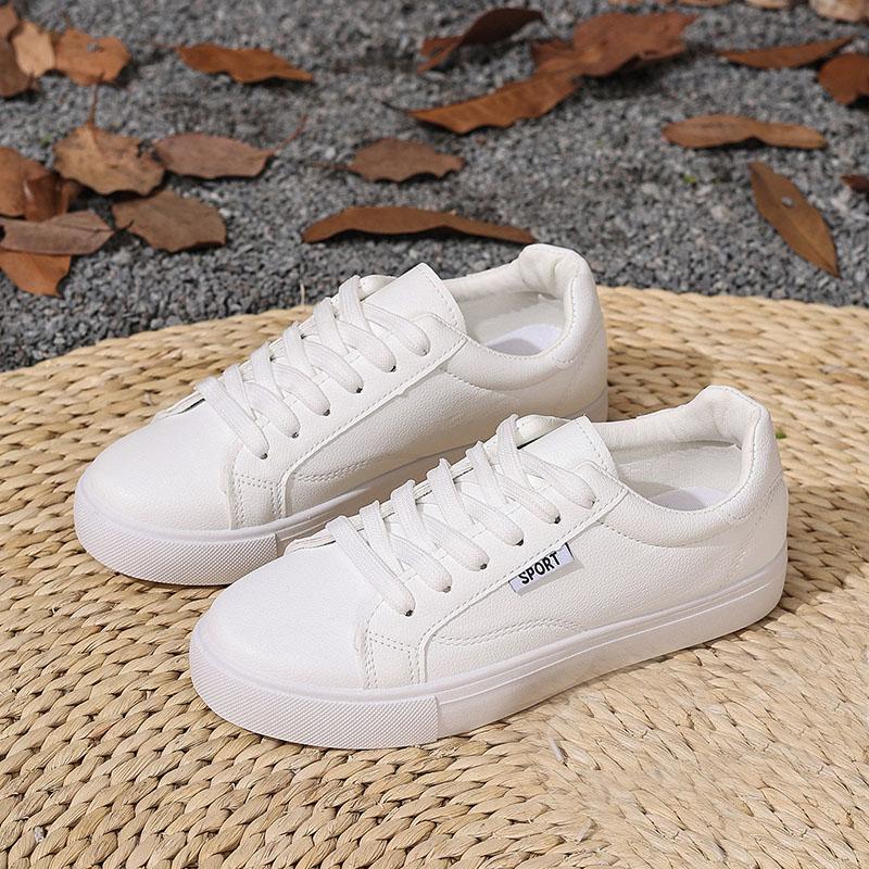 Comemore White Shoes Women's Spring Autumn Flat Bottom Leather Sneakers Casual Lace Up Students College Style Board Shoes Female