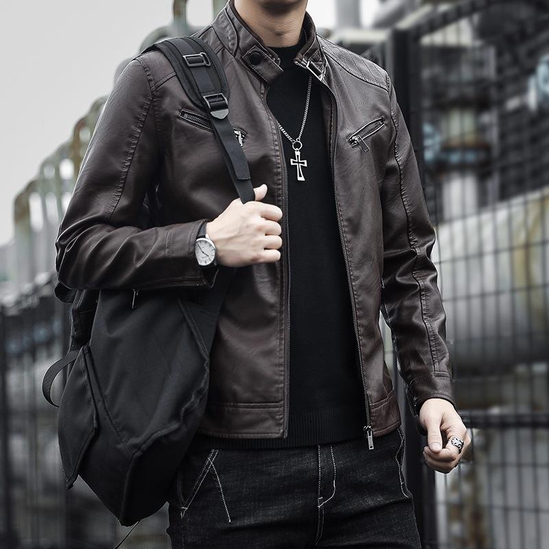 Autumn and winter new light business casual black leather jacket men's daily commuting soft leather velvet stand-up collar versatile men's leather