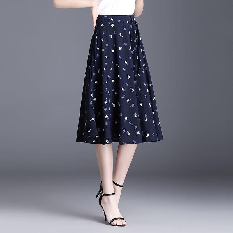 Damen Sommer Rock mit Blumenmuster und Schleife Hohe Taille Mittellang A-Linie Bedruckt Plissee