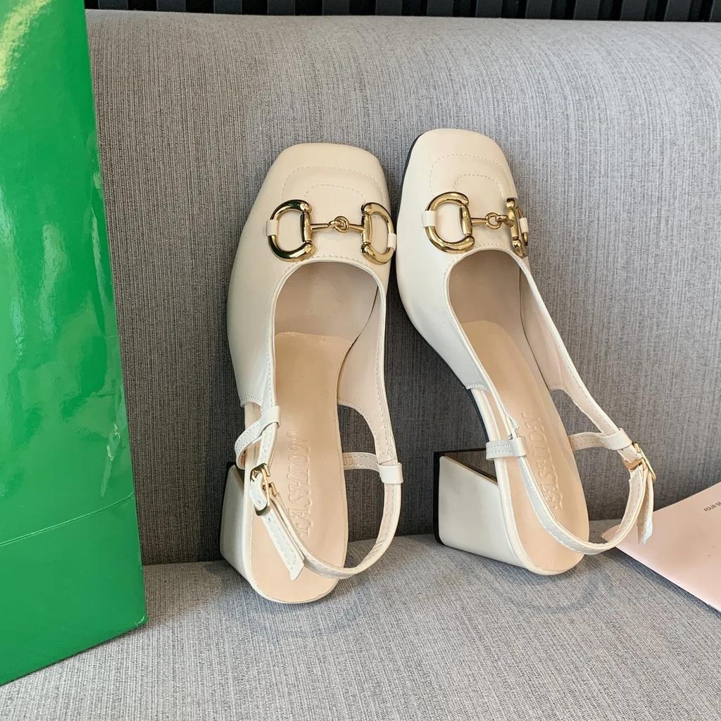 2024 Damenschuhe Metallverzierung Damen High Heels Mode Schnalle Büro Professionell Quadratische Spitze Dicke Ferse Sandalen Zapatos