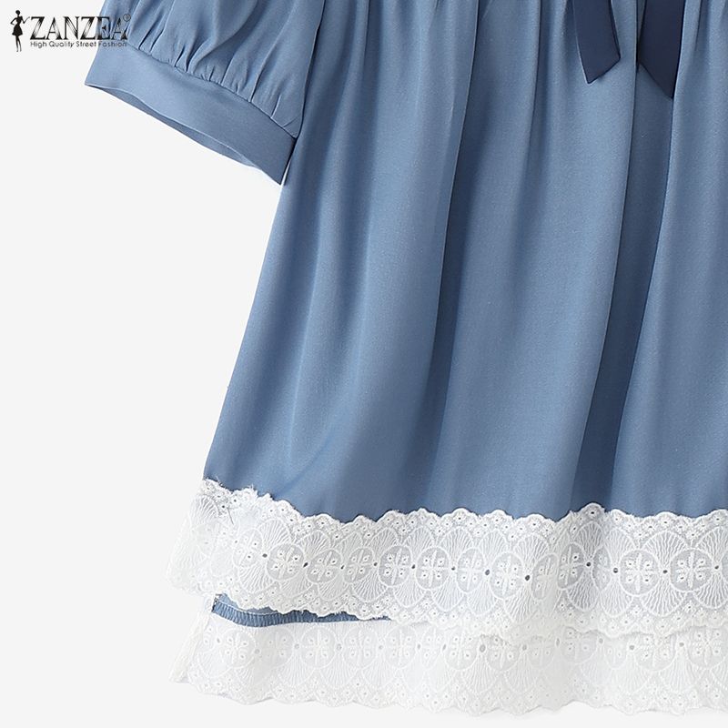 ZANZEA Women Casual Round Neck Summer Short Sleeve Lace Splice Blouse