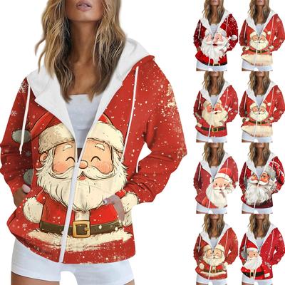 Women's Christmas Printed Sweatshirt Autumn Winter Long Sleeve Cardigan Jacket With Pockets Zipper Hoodie Outerwear