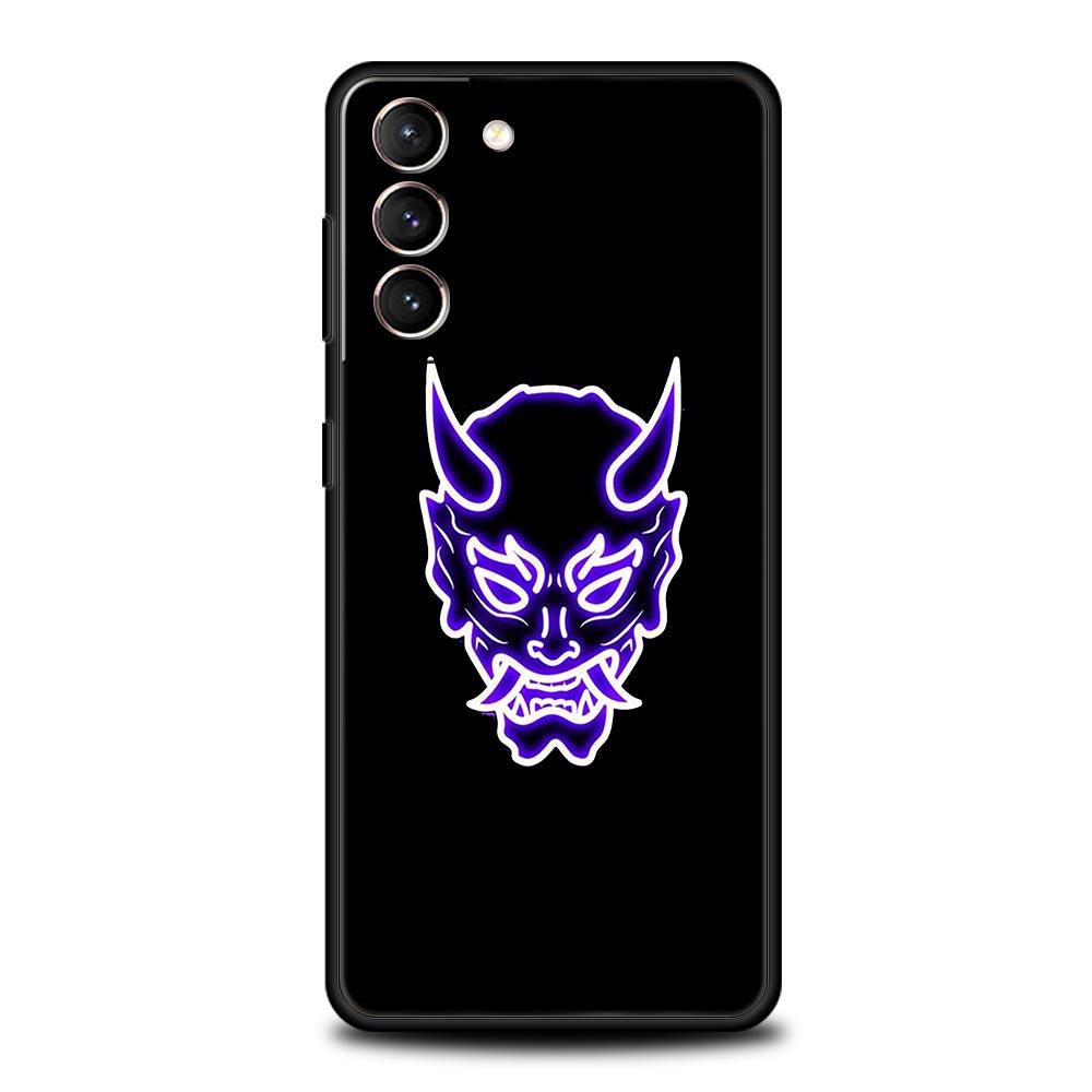 Samurai Oni Mask Neon Phone Case For Samsung Galaxy S24 S23 S22 5G S20 Ultra S21 FE S10 S9 Plus S10E S8 Lite 20 Soft TPU Cover