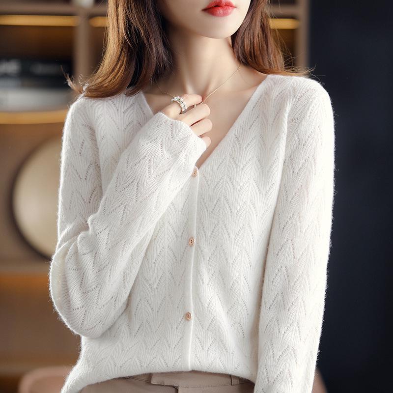 Women's Stylish V-neck Pure Wool Cardigan, Autumn/Winter Loose Knit Outerwear, Thickened Sweater Coat